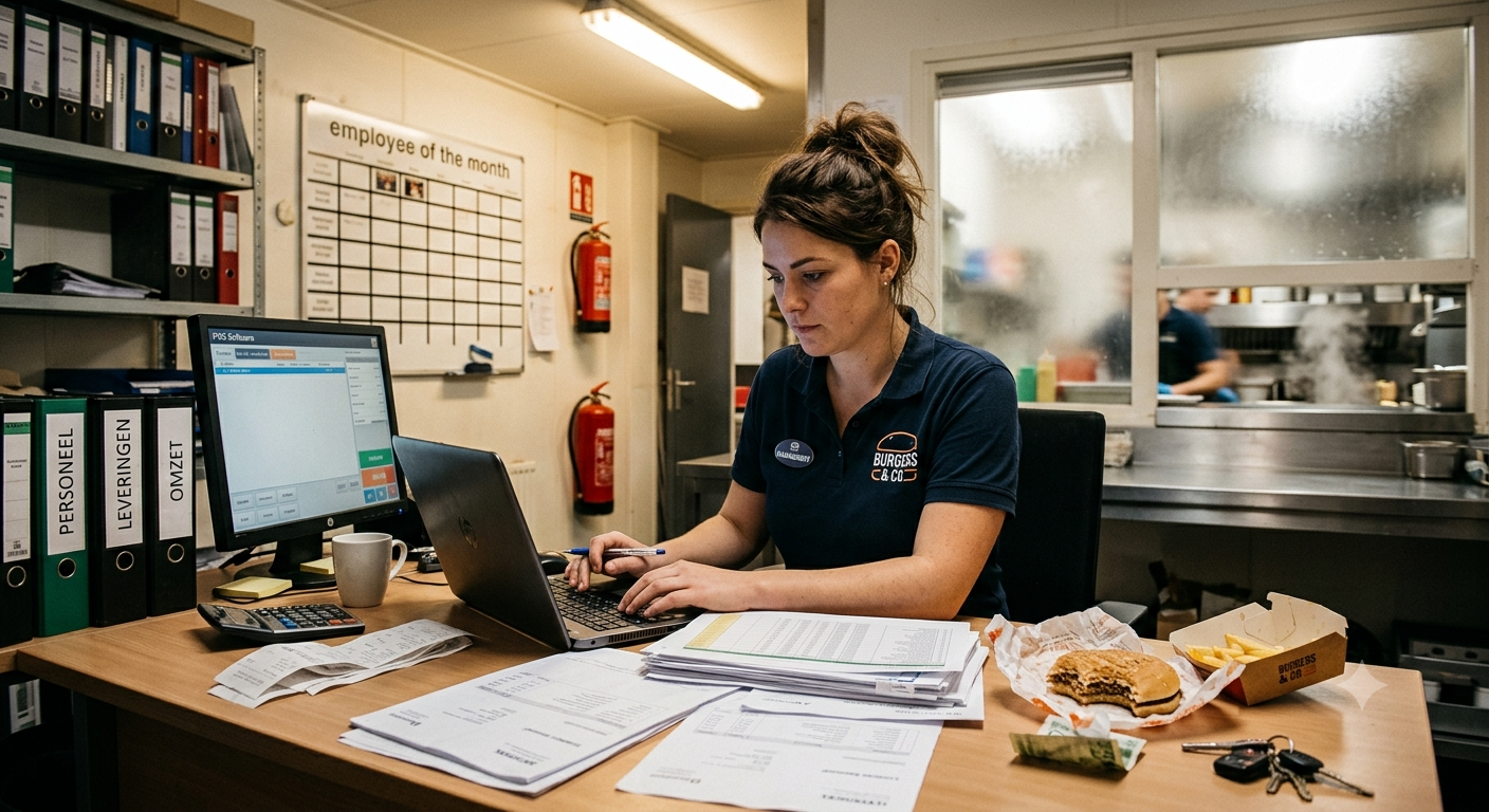 Ondernemer achter de administratie in een fastfoodzaak – kassa, bonnen en keuken op de achtergrond